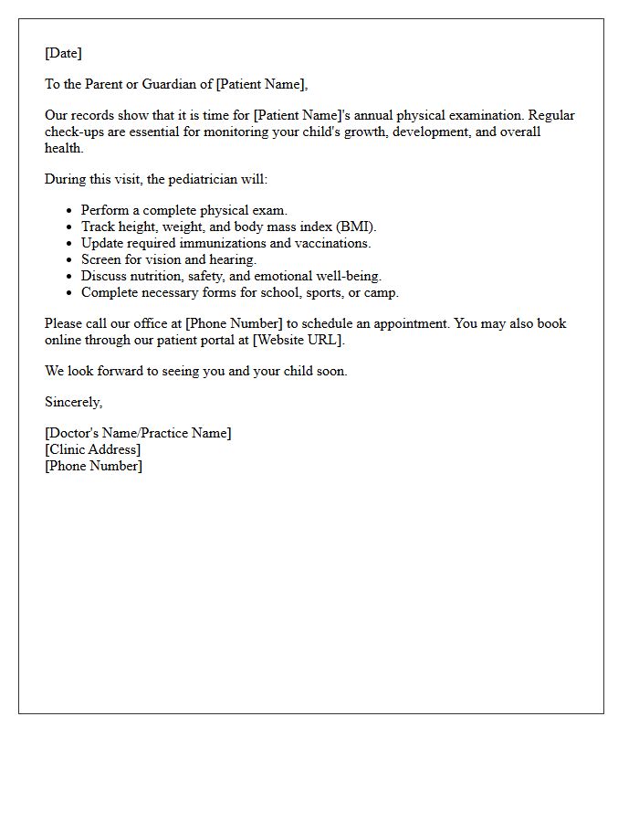 Pediatric Annual Physical Examination Reminder Letter