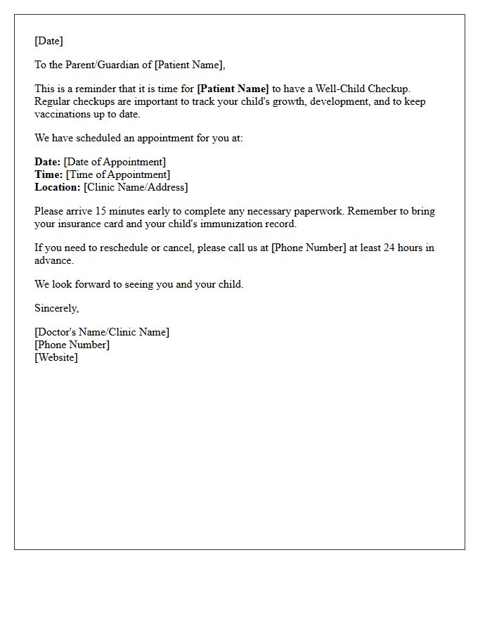 Pediatric Well-Child Checkup Appointment Reminder Letter
