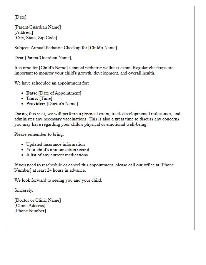 Annual Pediatric Checkup Appointment Letter