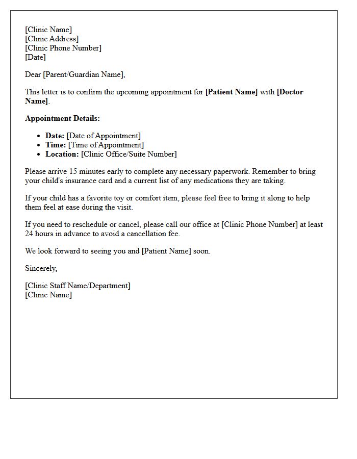 Pediatric Clinic Appointment Confirmation Letter