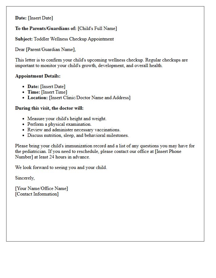 Toddler Wellness Checkup Appointment Letter