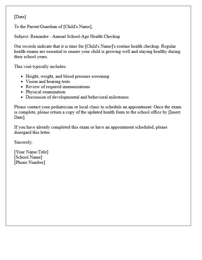School-Age Child Health Check Reminder Letter