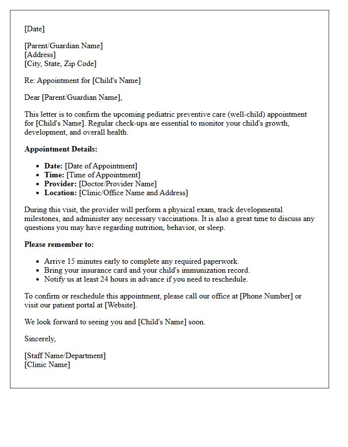 Pediatric Preventive Care Appointment Letter