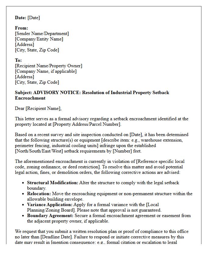 Industrial Property Setback Encroachment Resolution Advisory Letter