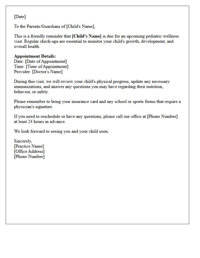 Upcoming Pediatric Wellness Visit Reminder Letter