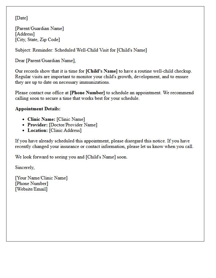 Well-Child Checkup Scheduling Reminder Letter