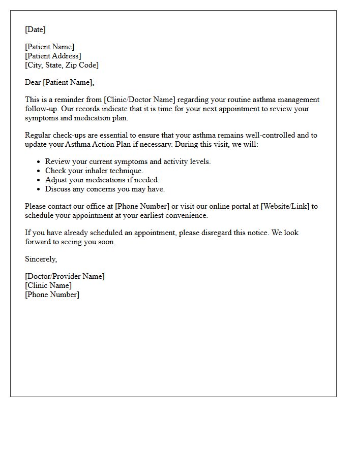 Asthma Management Follow-Up Reminder Letter