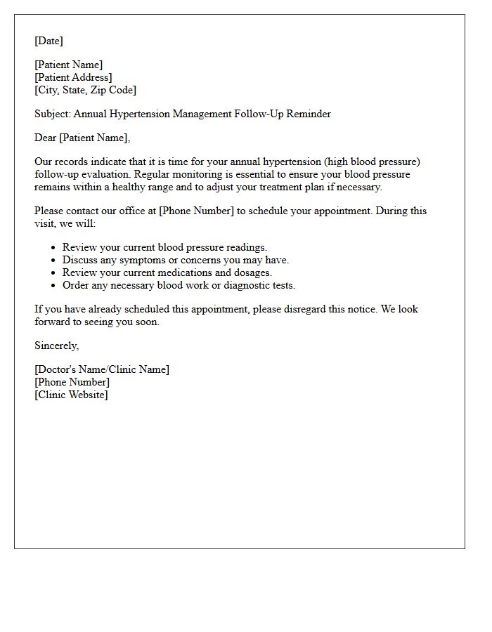 Hypertension Management Annual Follow-Up Reminder Letter