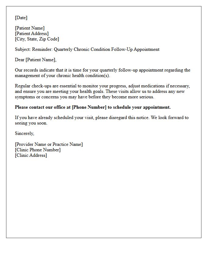 Quarterly Chronic Condition Follow-Up Reminder Letter