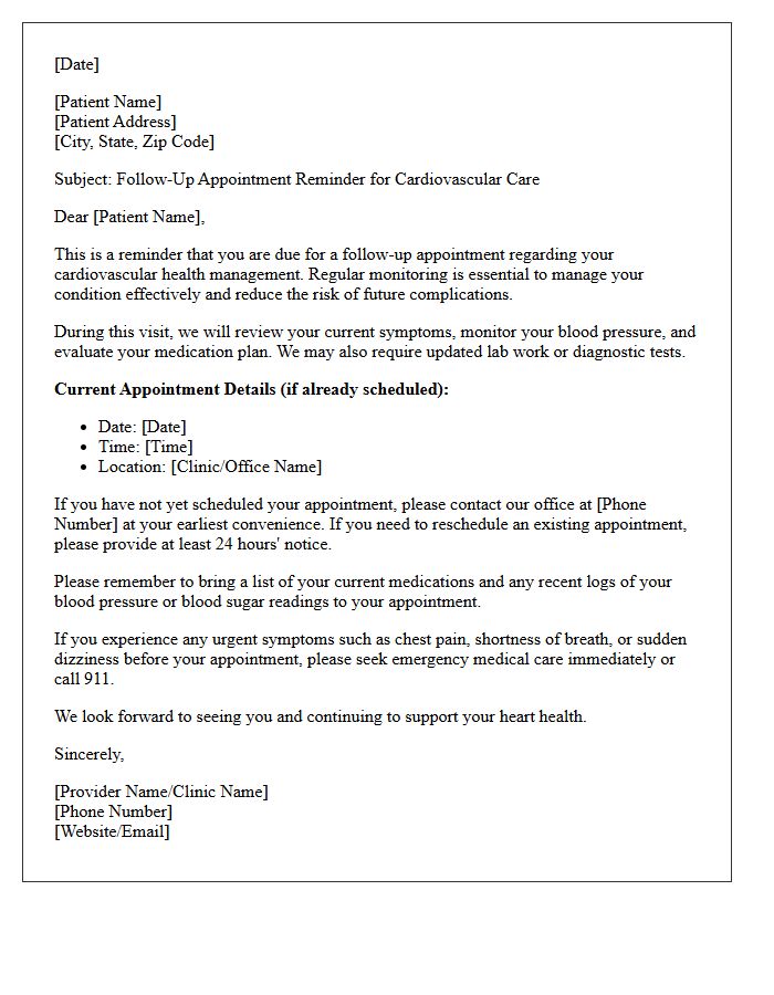 Cardiovascular Disease Management Follow-Up Reminder Letter