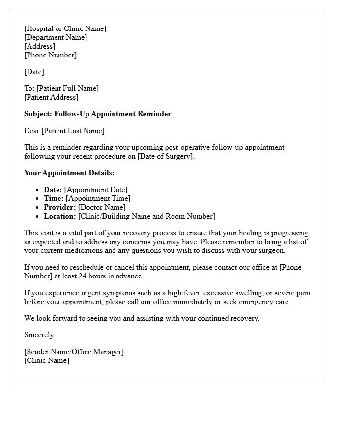 Standard Post-Operative Recovery Follow-Up Reminder Letter