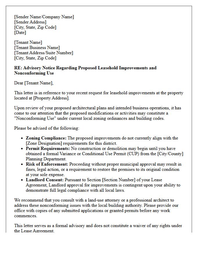 Commercial Leasehold Improvement Nonconforming Use Advisory Letter