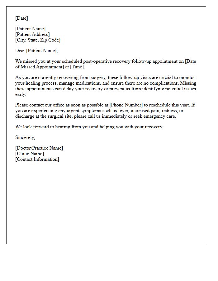 Missed Appointment Post-Operative Recovery Follow-Up Reminder Letter