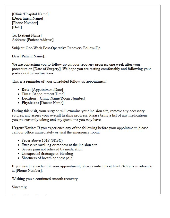 One-Week Post-Operative Recovery Follow-Up Reminder Letter