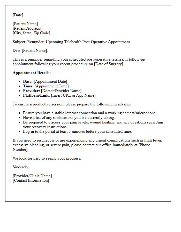 Telehealth Post-Operative Recovery Follow-Up Reminder Letter