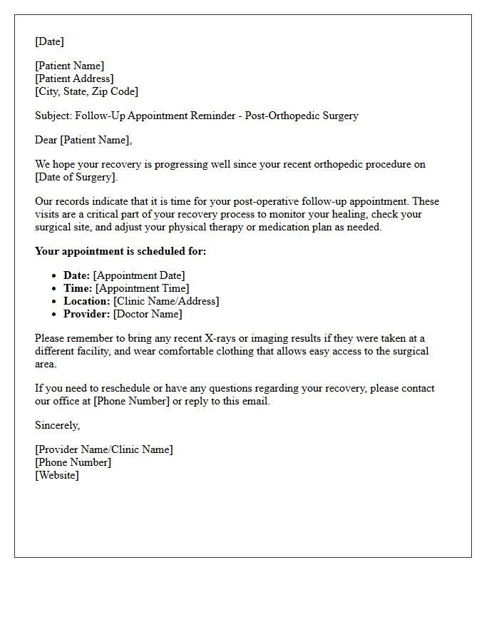 Orthopedic Post-Operative Recovery Follow-Up Reminder Letter