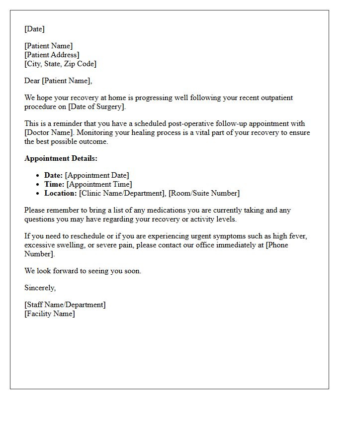 Outpatient Surgery Post-Operative Recovery Follow-Up Reminder Letter