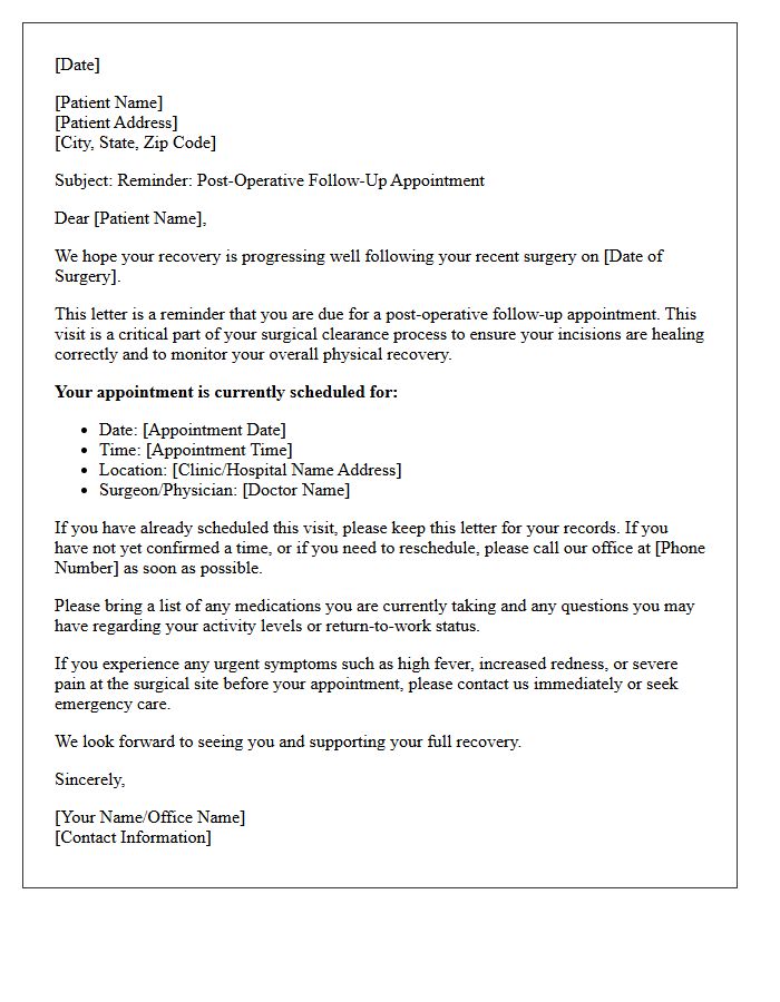Surgical Clearance Post-Operative Recovery Follow-Up Reminder Letter
