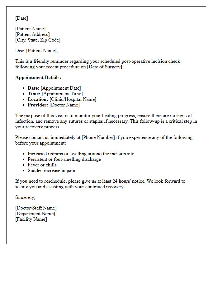 Incision Check Post-Operative Recovery Follow-Up Reminder Letter