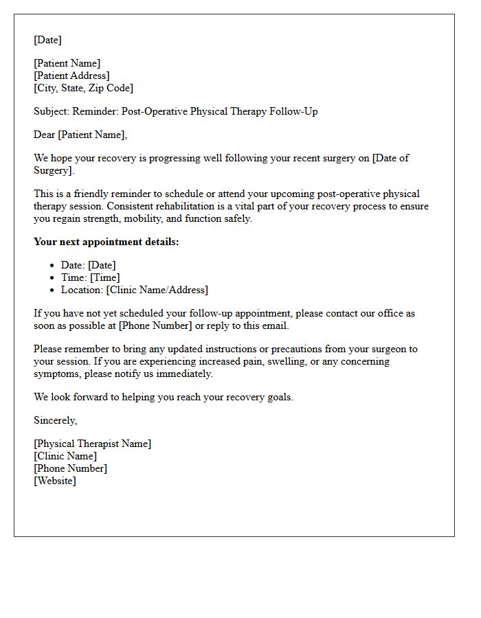 Physical Therapy Post-Operative Recovery Follow-Up Reminder Letter