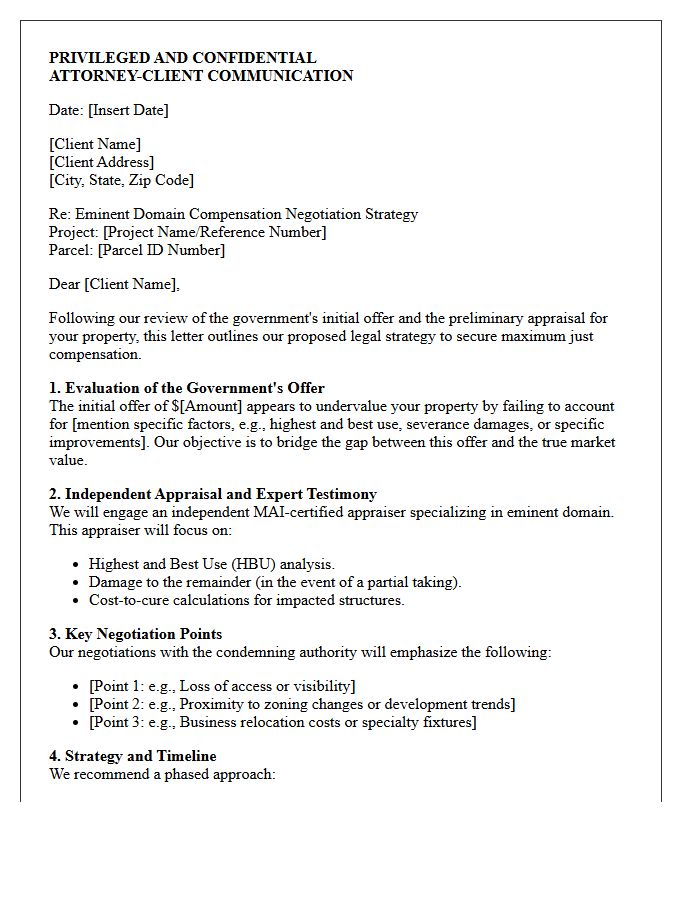 Eminent Domain Compensation Negotiation Strategy Counsel Letter