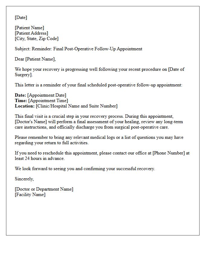 Final Discharge Post-Operative Recovery Follow-Up Reminder Letter