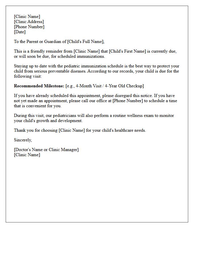 Pediatric Immunization Schedule Reminder Letter