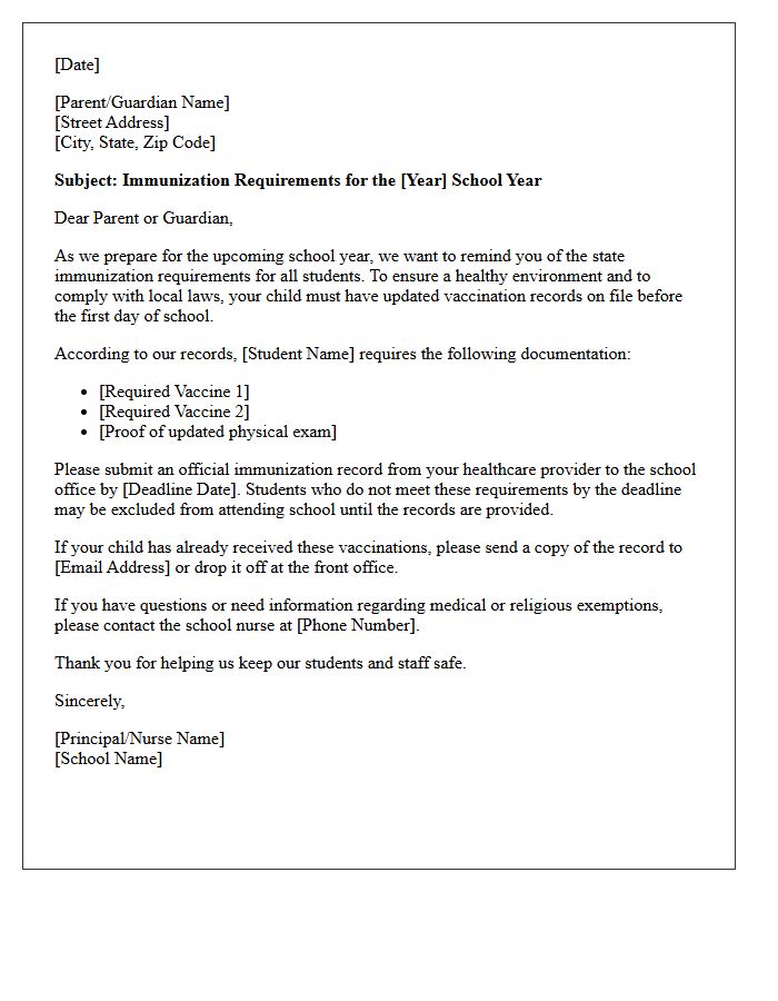 Back to School Immunization Requirement Letter