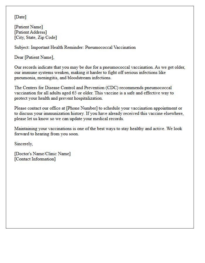 Senior Citizen Pneumococcal Vaccination Reminder Letter