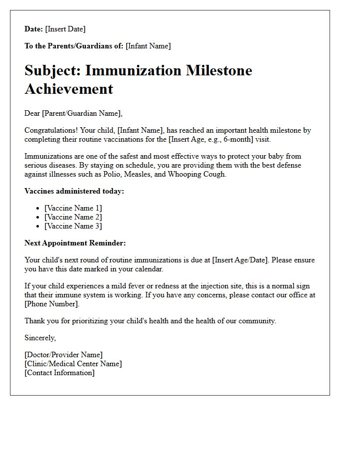 Infant Routine Immunization Milestone Letter