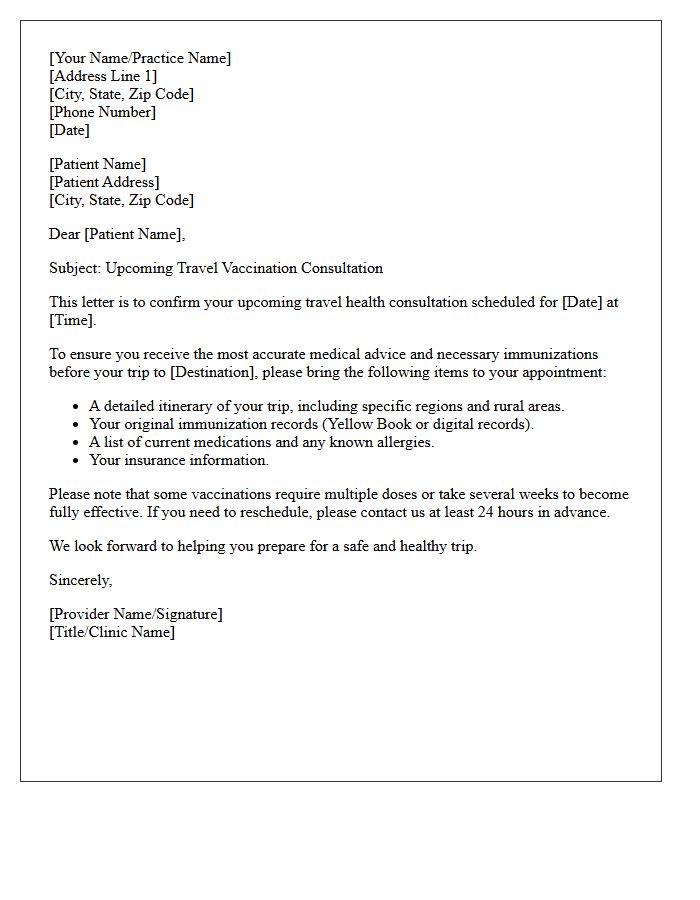 Upcoming Travel Vaccination Consultation Letter