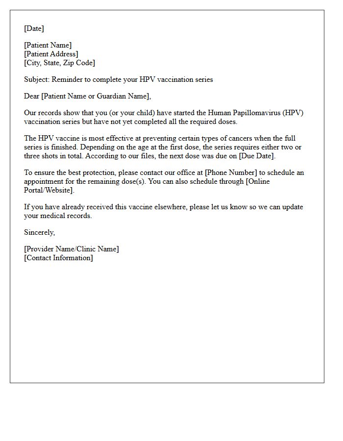 Human Papillomavirus Series Completion Reminder Letter