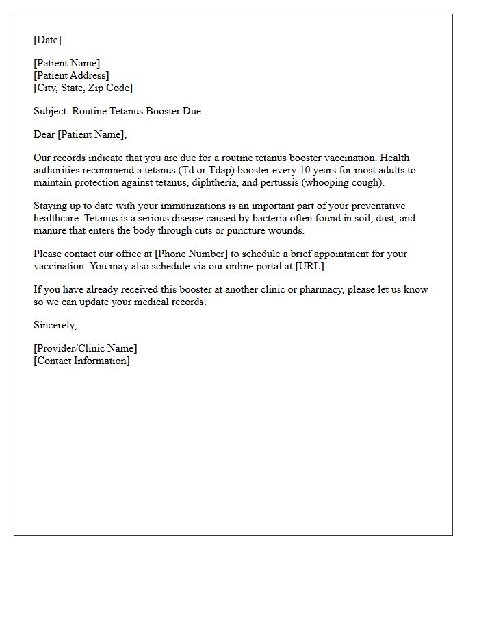 Routine Tetanus Booster Due Notice Letter