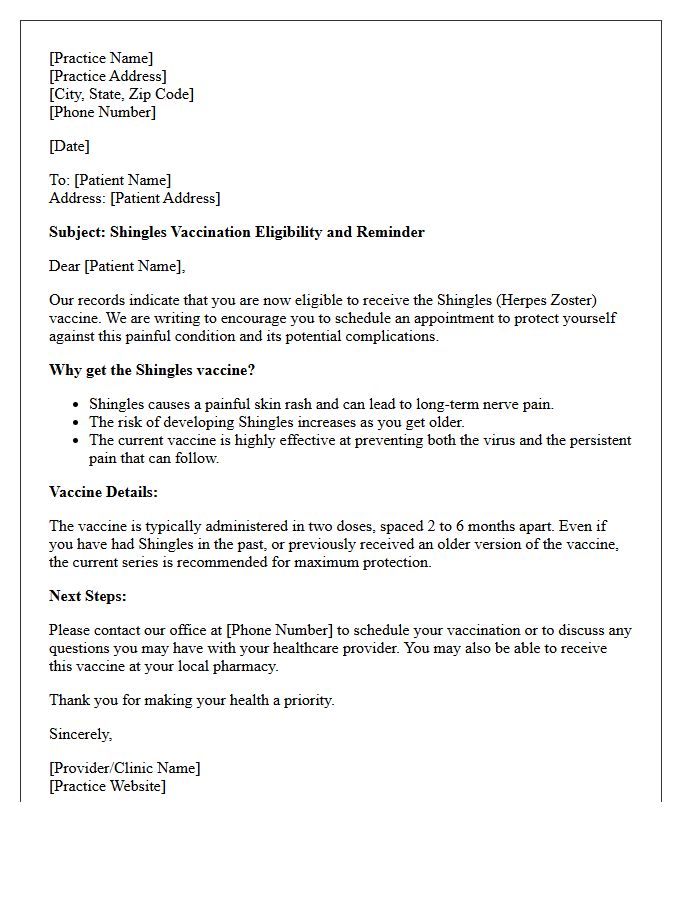 Shingles Vaccine Eligibility and Reminder Letter