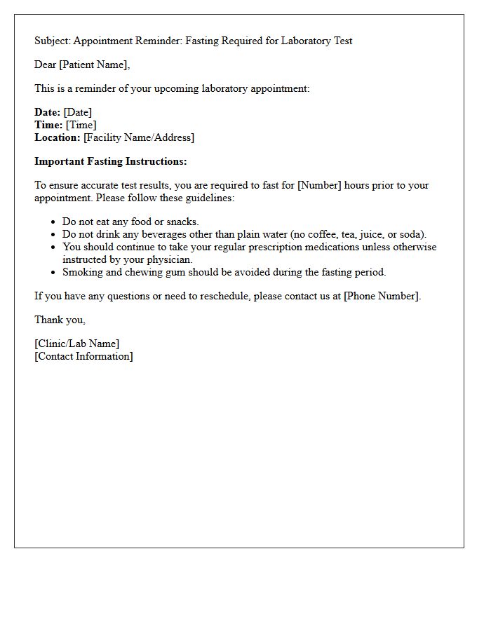 Standard Fasting Required Laboratory Test Appointment Reminder Letter