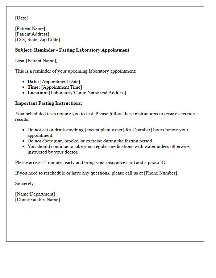 Routine Fasting Required Laboratory Test Appointment Reminder Letter