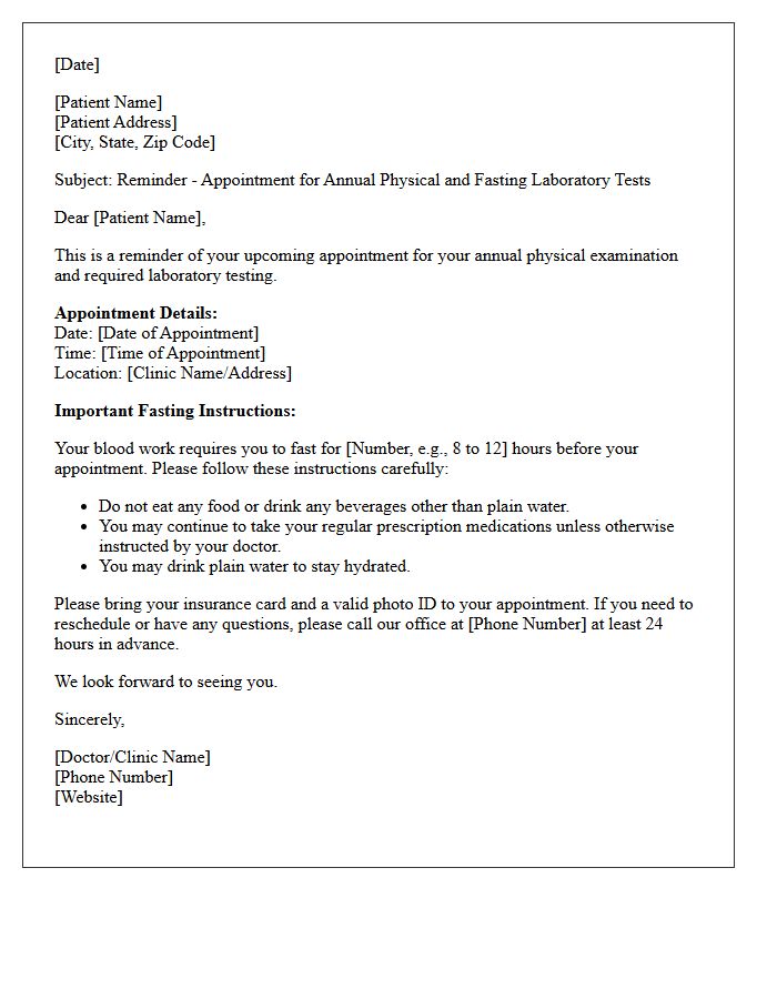 Annual Physical Fasting Required Laboratory Test Appointment Reminder Letter