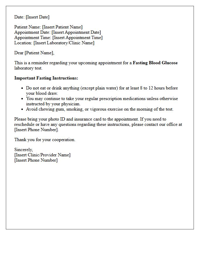 Blood Glucose Fasting Required Laboratory Test Appointment Reminder Letter