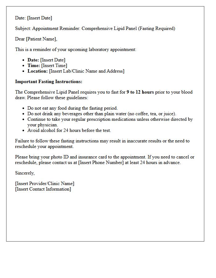 Comprehensive Lipid Panel Fasting Required Laboratory Test Appointment Reminder Letter