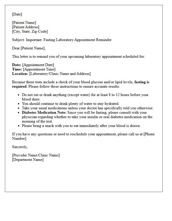Diabetic Patient Fasting Required Laboratory Test Appointment Reminder Letter