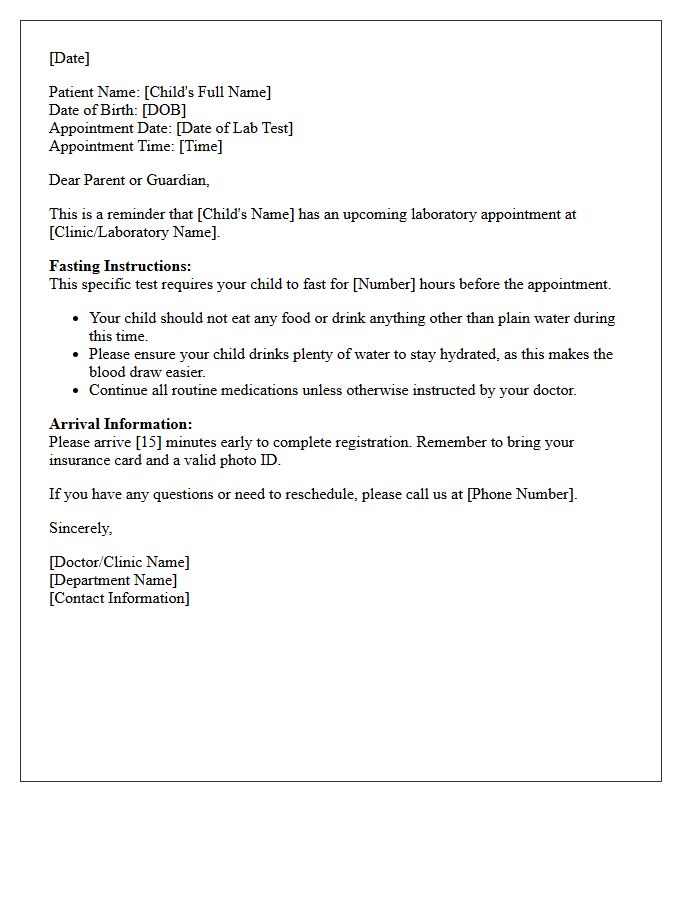 Pediatric Fasting Required Laboratory Test Appointment Reminder Letter