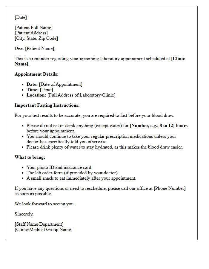 Senior Patient Fasting Required Laboratory Test Appointment Reminder Letter