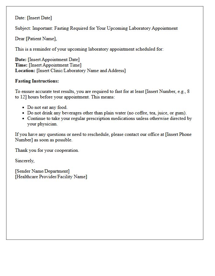 Early Morning Fasting Required Laboratory Test Appointment Reminder Letter