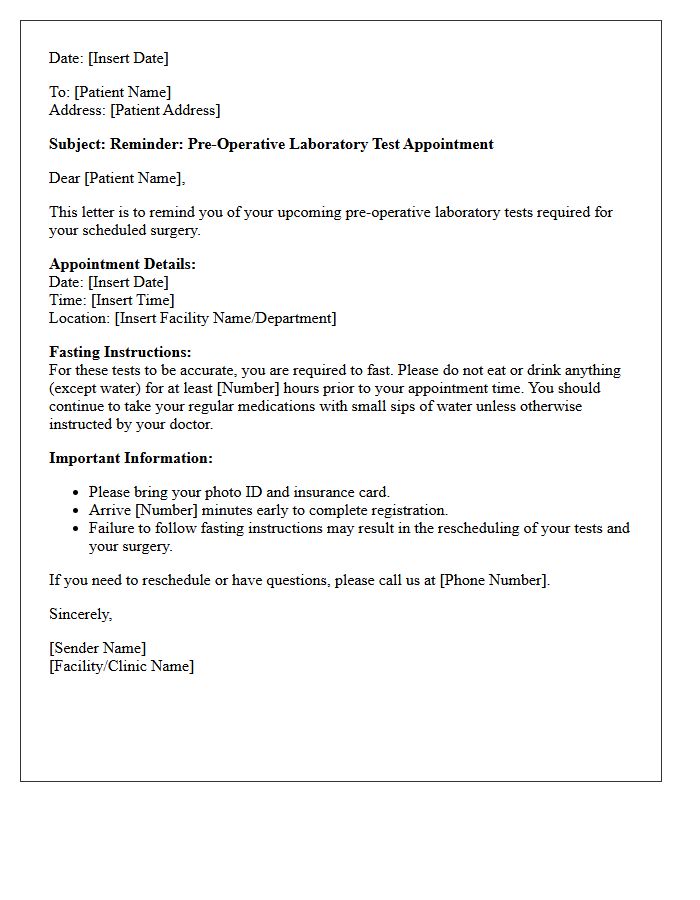Pre-Operative Fasting Required Laboratory Test Appointment Reminder Letter