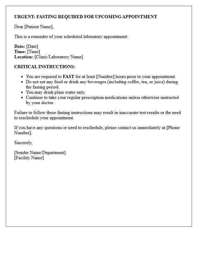 Urgent Fasting Required Laboratory Test Appointment Reminder Letter