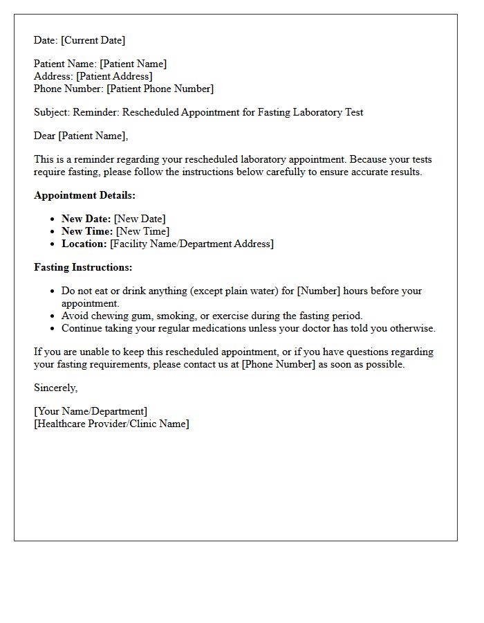 Rescheduled Fasting Required Laboratory Test Appointment Reminder Letter