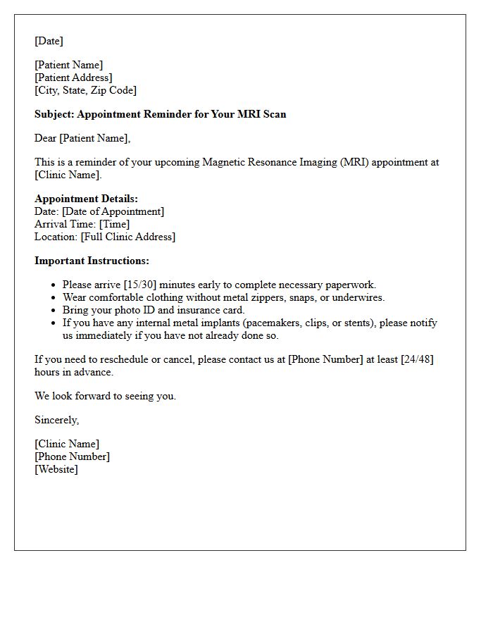 Magnetic Resonance Imaging Clinic Appointment Reminder Letter