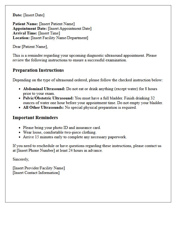 Diagnostic Ultrasound Pre-Appointment Reminder Letter