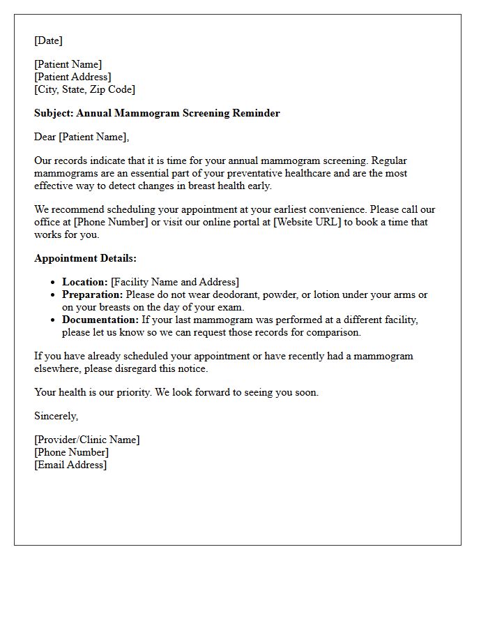 Mammogram Screening Annual Appointment Reminder Letter