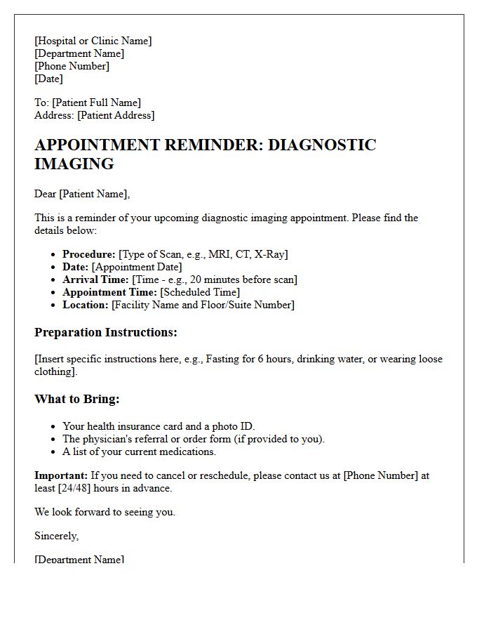 Diagnostic Imaging Procedure Appointment Reminder Letter